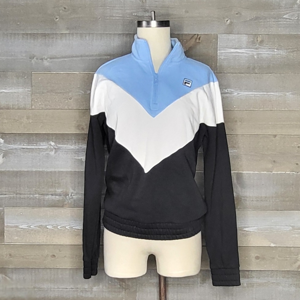 FILA 1/4 Zip Pullover Chevron Light Blue White Black High Neck Sweatshirt